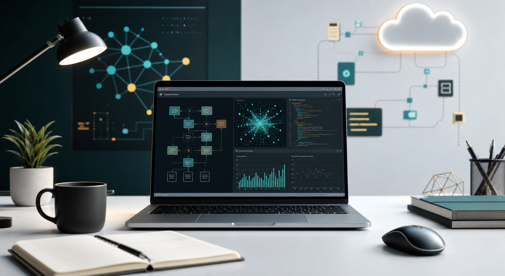 Modern AI engineering workspace with laptop dashboards and cloud workflow visuals